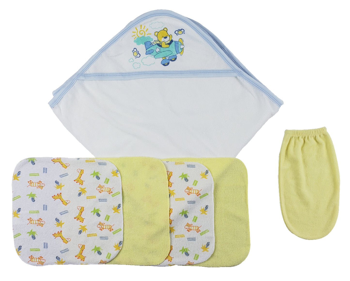 Blue Hooded Towel, Washcloths and Hand Washcloth Mitt - 6 pc Set CS_0009