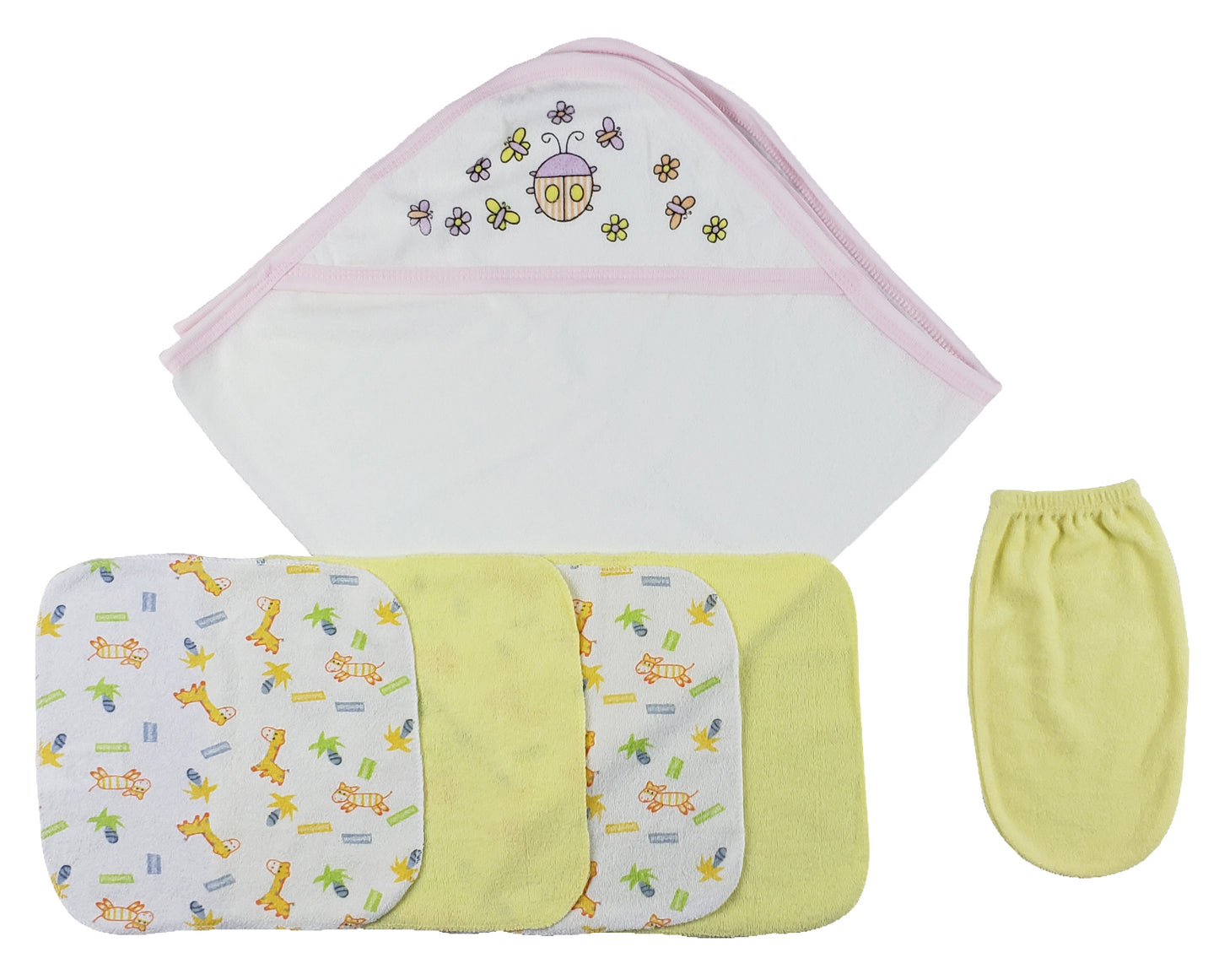 Pink Hooded Towel, Washcloths and Hand Washcloth Mitt - 6 pc Set CS_0010