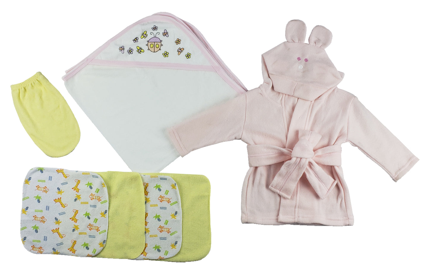 Pink Infant Robe, Hooded Towel, Washcloths and Hand Washcloth Mitt - 7 pc Set CS_0011