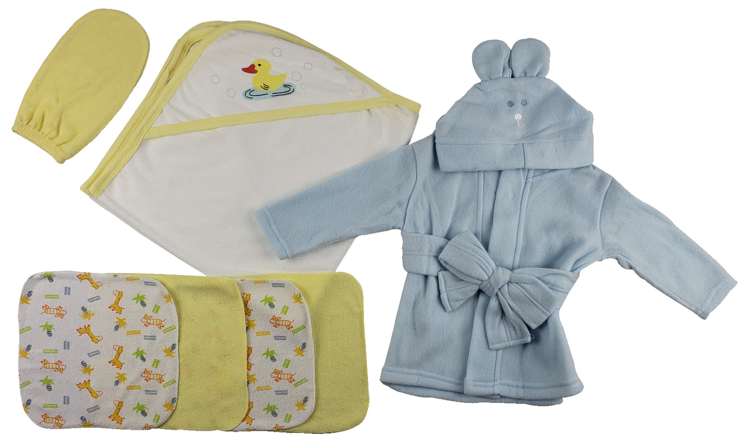 Blue Infant Robe, Yellow Hooded Towel, Washcloths and Hand Washcloth Mitt - 7 pc Set CS_0013