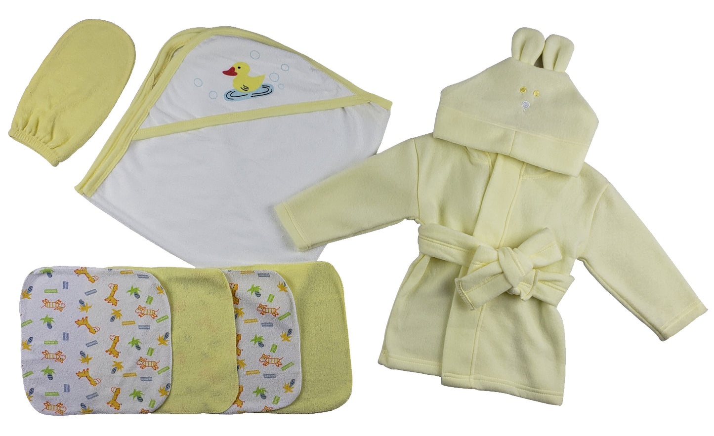 Yellow Infant Robe, Yellow Hooded Towel, Washcloths and Hand Washcloth Mitt - 7 pc Set CS_0014